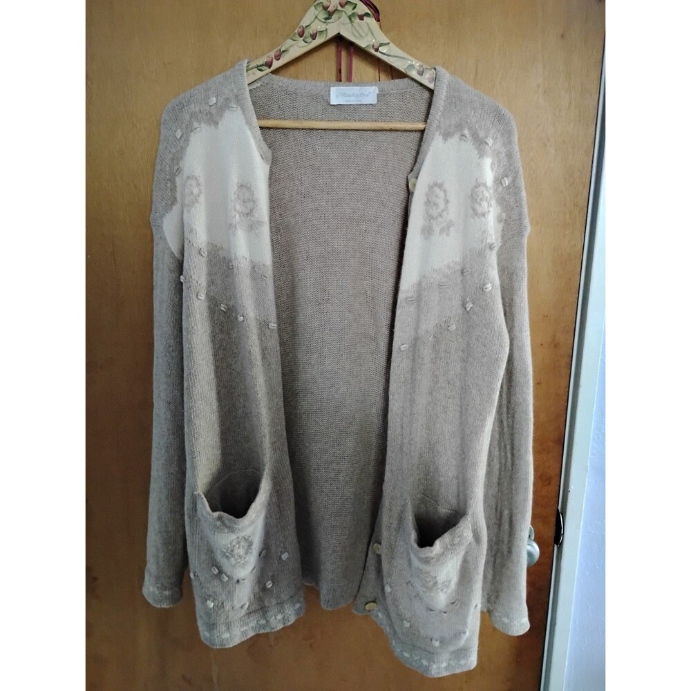 Maurice Abot Beige Open Button Knit Embroidery Wool Blend Grandmacore Cardigan